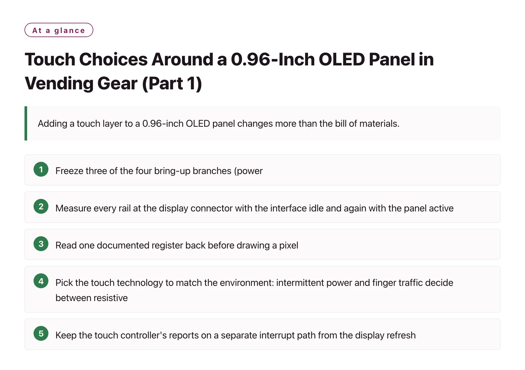 Touch Choices Around a 0.96-Inch OLED Panel in Vending Gear (Part 1)——全文要点速览